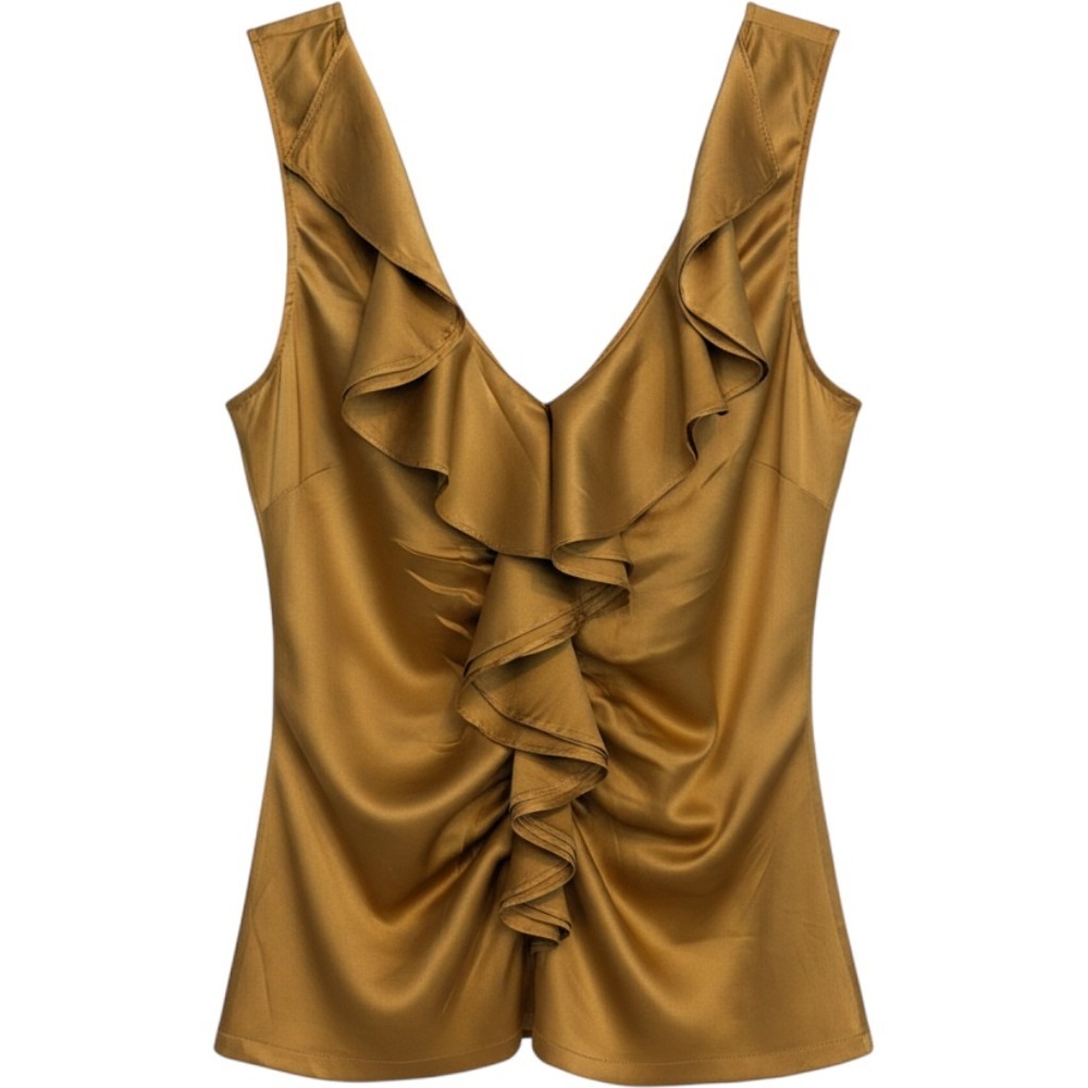 Cache Ruffle V-Neck Silk Blend Blouse Large Gold
